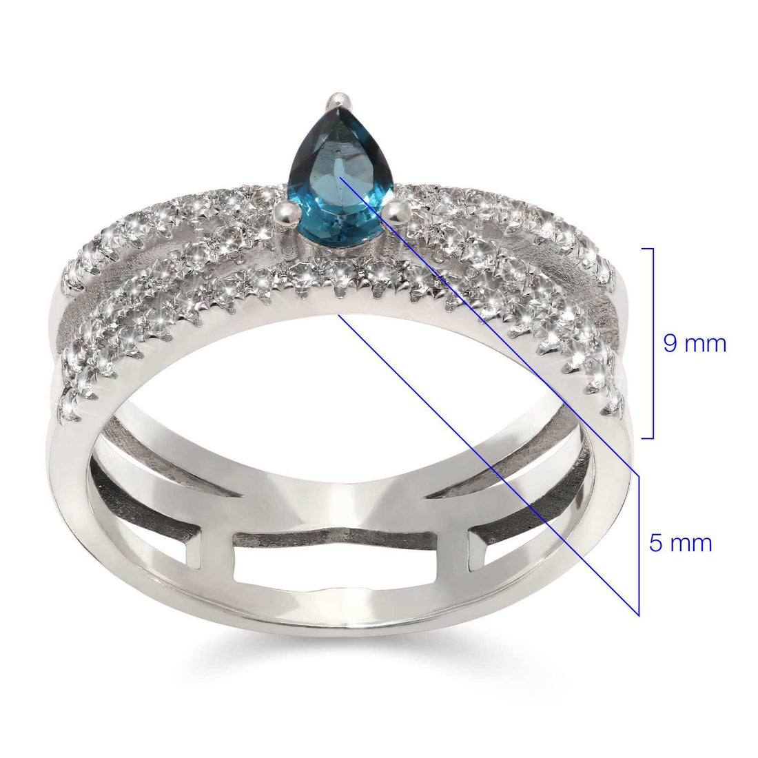Anel em Prata 925 com Topázio London Blue Gota e Zircônias
