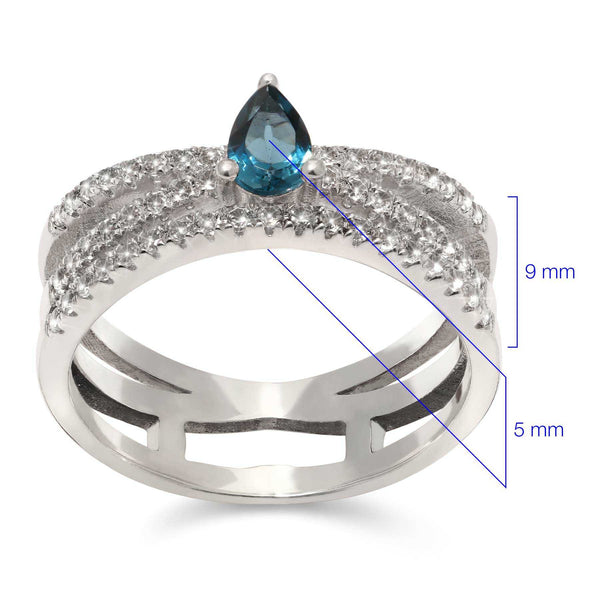 Anel em Prata 925 com Topázio London Blue Gota e Zircônias