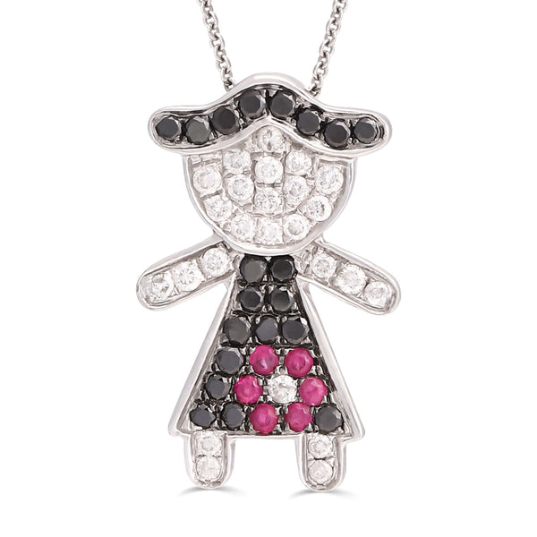 Pingente Menina em Ouro Branco 18k com Diamantes Brancos e Negros