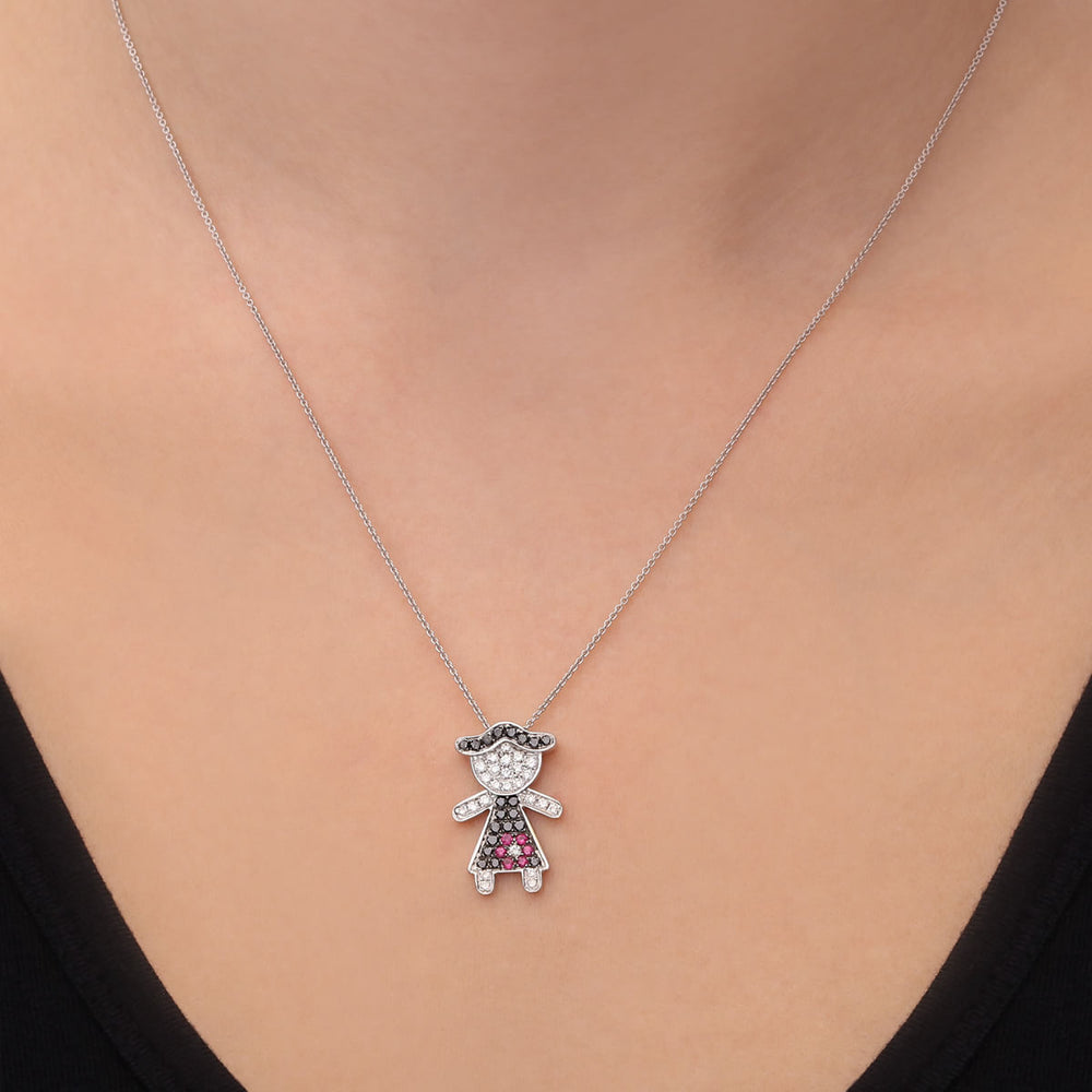 Pingente Menina em Ouro Branco 18k com Diamantes Brancos e Negros