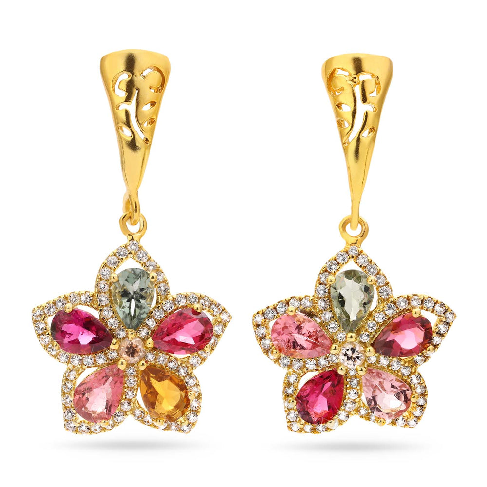 Par de Brinco em Prata 925 Flor com Turmalinas Coloridas e Zirconias