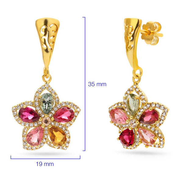 Par de Brinco em Prata 925 Flor com Turmalinas Coloridas e Zirconias