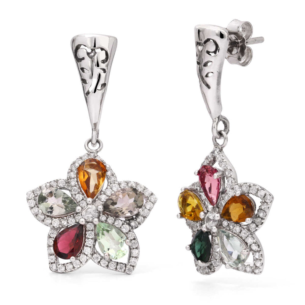 Par de Brinco em Prata 925 Floral com Turmalinas Coloridas e Zircônias