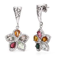 Par de Brinco em Prata 925 Floral com Turmalinas Coloridas e Zircônias