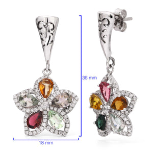Par de Brinco em Prata 925 Floral com Turmalinas Coloridas e Zircônias