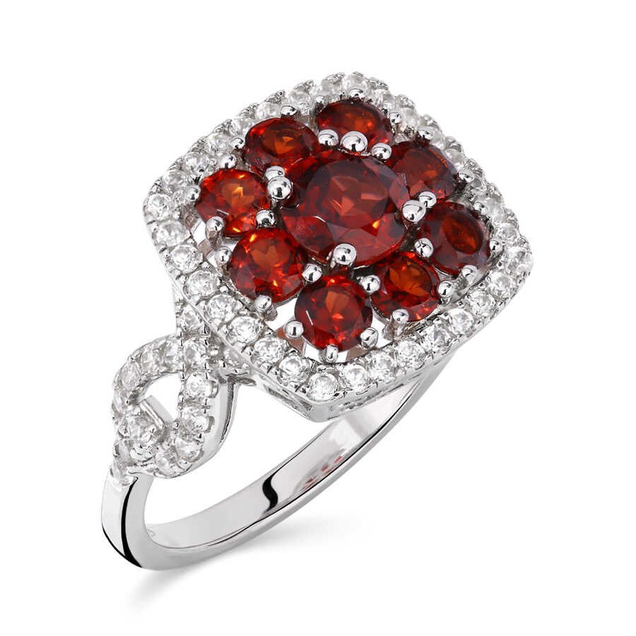 Anel em Prata 925 Floral Quadrado com Granadas