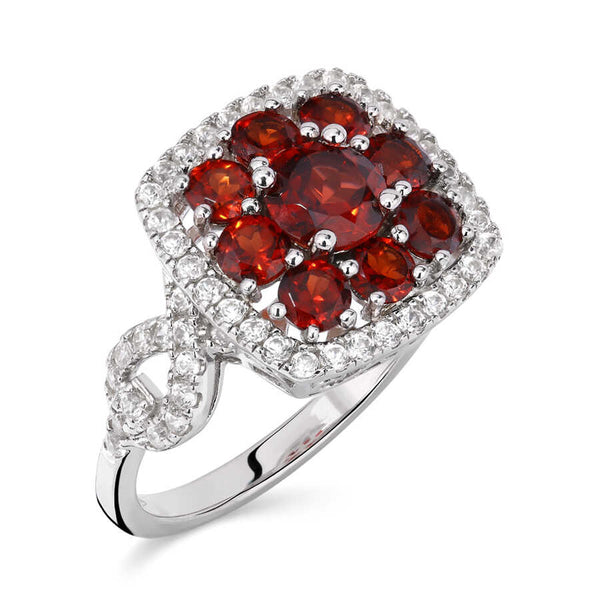 Anel em Prata 925 Floral Quadrado com Granadas