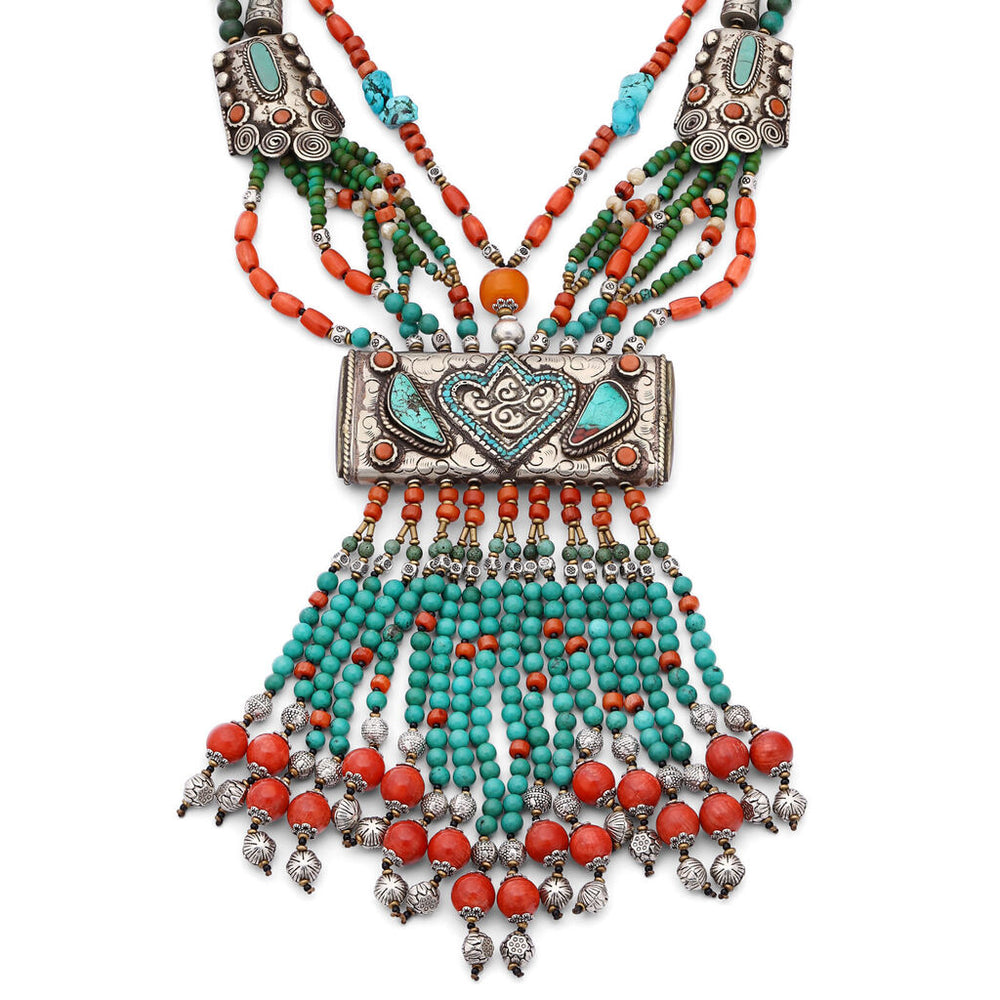 Colar Linha Nepal  com Turquesas e Coral