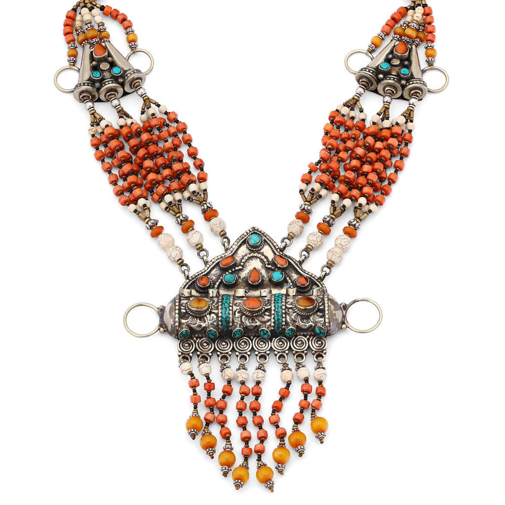 Colar Linha Nepal Com Coral e Turquesa