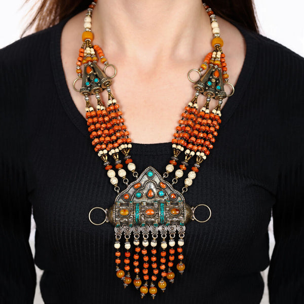 Colar Linha Nepal Com Coral e Turquesa