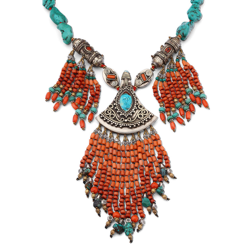 Colar Linha Nepal Com Coral E Turquesa