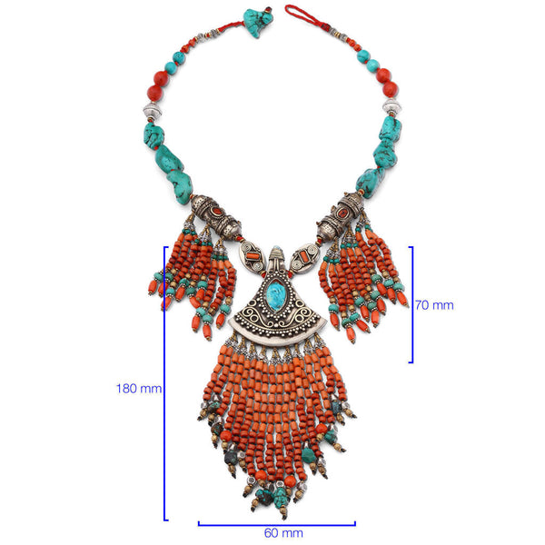 Colar Linha Nepal Com Coral E Turquesa