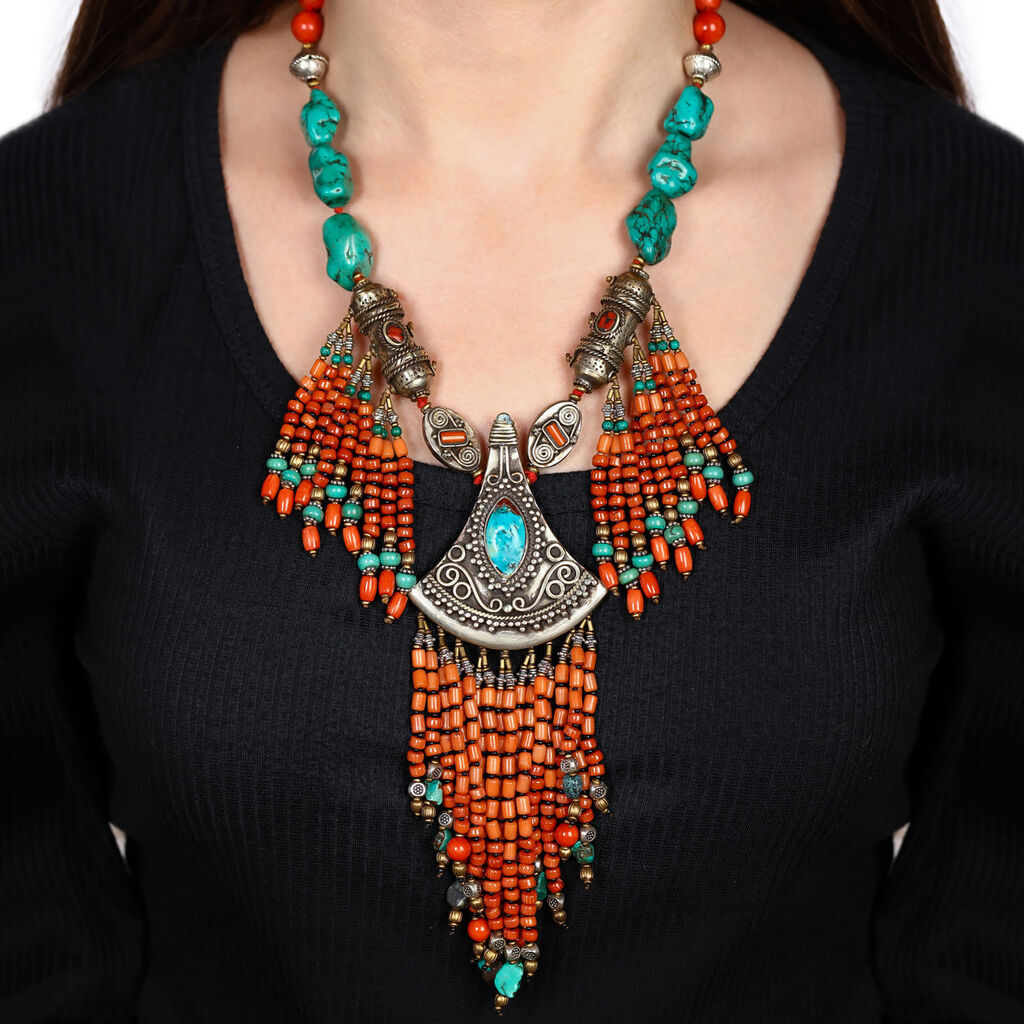 Colar Linha Nepal Com Coral E Turquesa