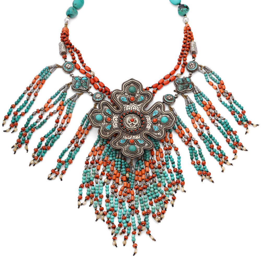 Colar Linha Nepal Com Coral E Turquesa