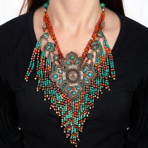 Colar Linha Nepal Com Coral E Turquesa