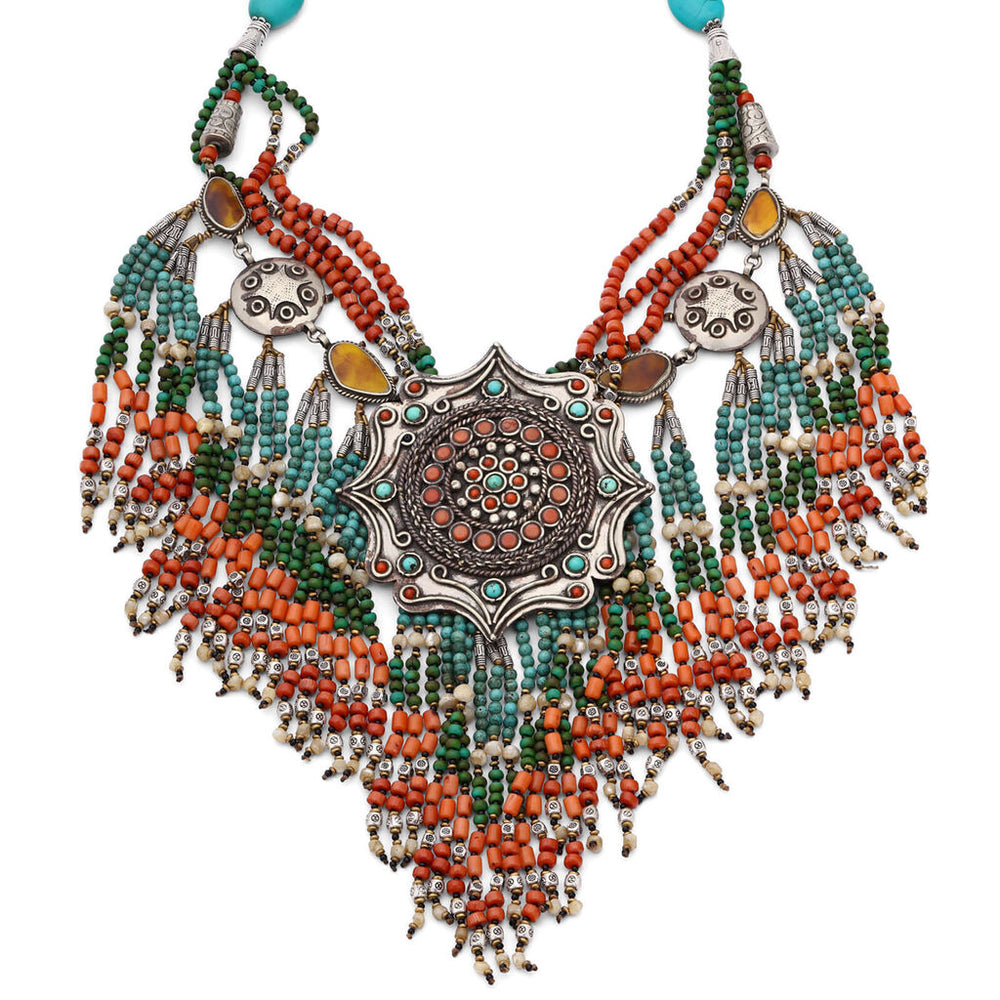 Colar Linha Nepal Mandala Com Coral e Turquesa