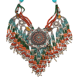 Colar Linha Nepal Mandala Com Coral e Turquesa
