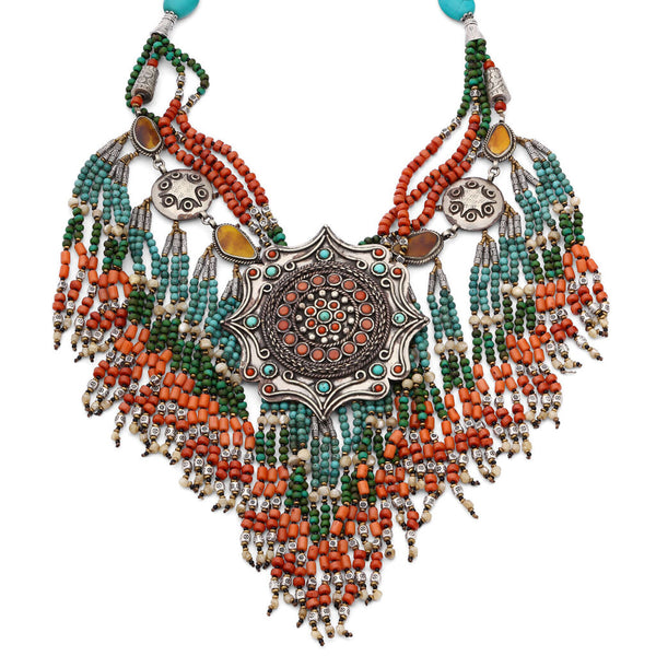 Colar Linha Nepal Mandala Com Coral e Turquesa