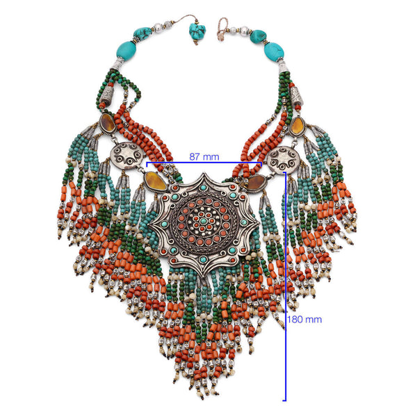Colar Linha Nepal Mandala Com Coral e Turquesa