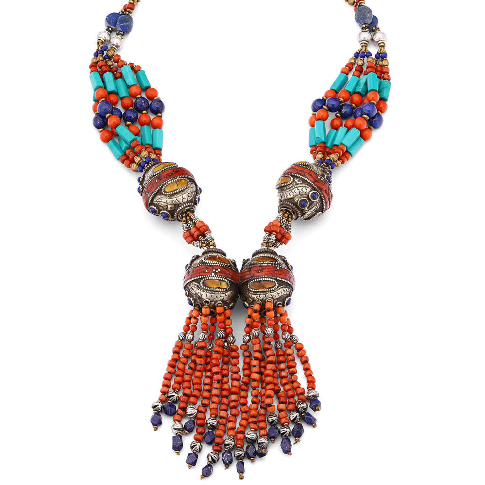 Colar Linha Nepal Com Coral,Turquesas e Lapis Lazulle