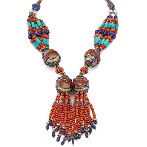 Colar Linha Nepal Com Coral,Turquesas e Lapis Lazulle