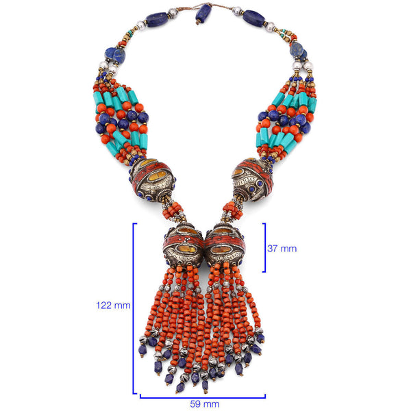 Colar Linha Nepal Com Coral,Turquesas e Lapis Lazulle