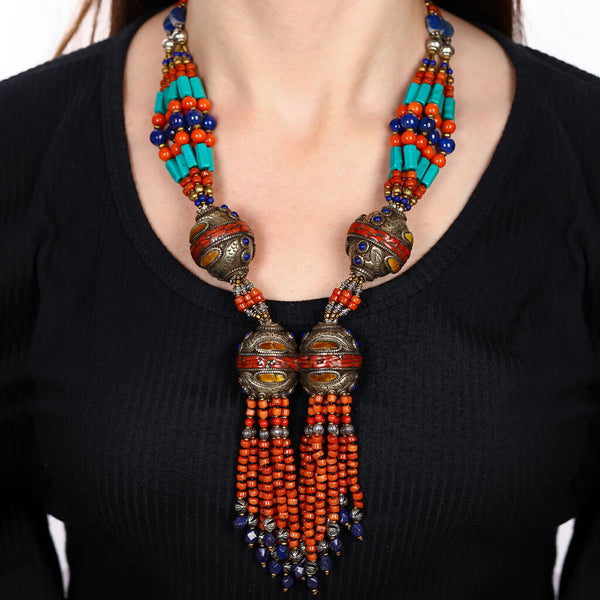 Colar Linha Nepal Com Coral,Turquesas e Lapis Lazulle