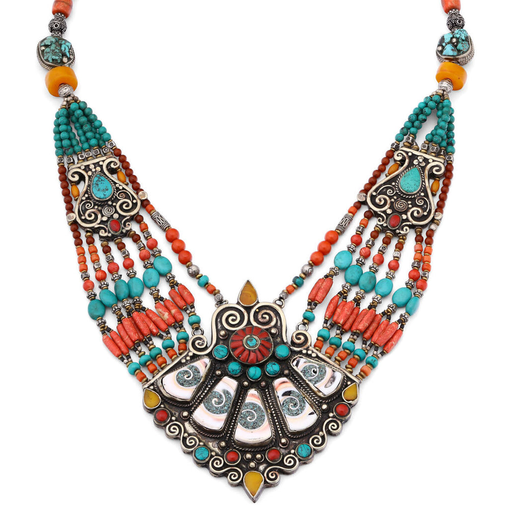 Colar Linha Nepal Com Turquesa, Coral e Jade