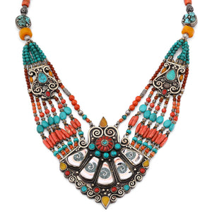 Colar Linha Nepal Com Turquesa, Coral e Jade
