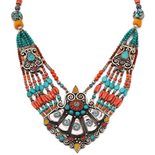 Colar Linha Nepal Com Turquesa, Coral e Jade