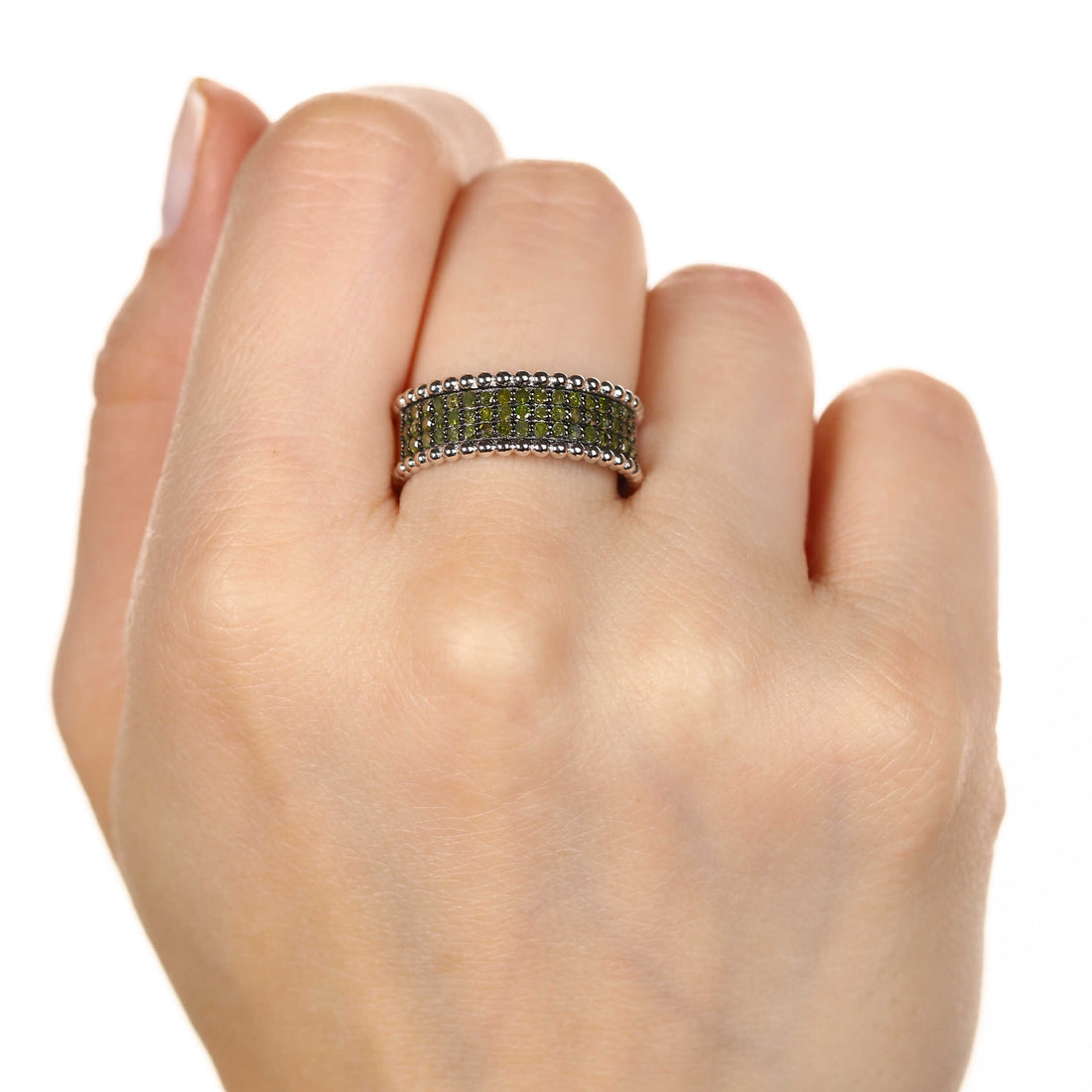 Meia Aliança de Prata 925 com Diamantes Verdes