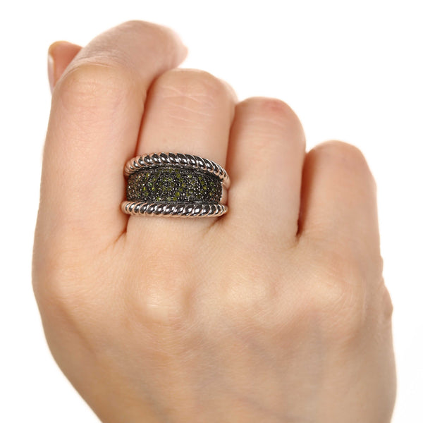 Anel em Prata com Diamantes Verdes Aprox 25 pts