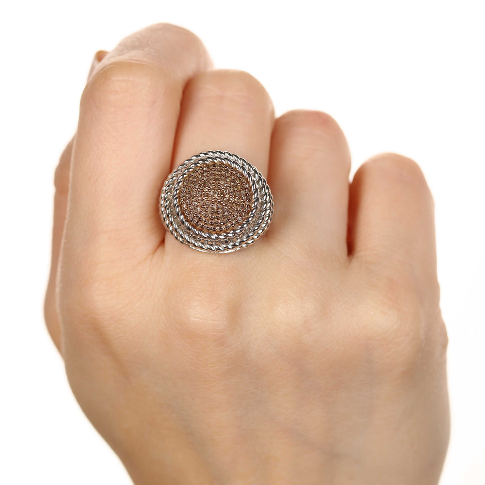 Anel em Prata 925 Redondo com Diamantes Champanhes