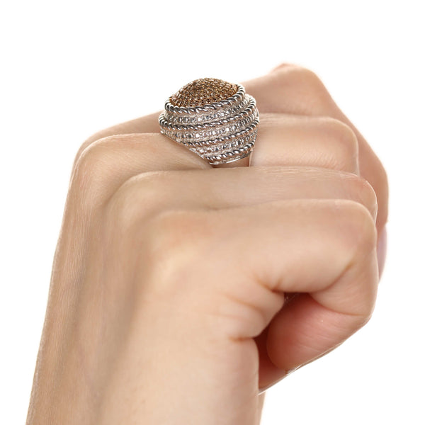 Anel em Prata 925 Redondo com Diamantes Champanhes