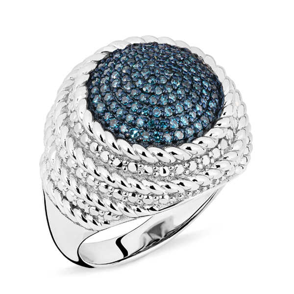 Anel de Prata Redondo com Diamantes Azuis Aprox. 50 pts