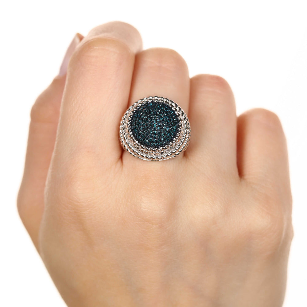 Anel de Prata Redondo com Diamantes Azuis Aprox. 50 pts