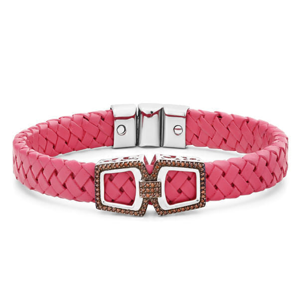 Bracelete Trançado de Couro e Prata 925 com Diamantes Vermelhos