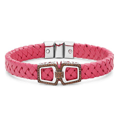 Bracelete Trançado de Couro e Prata 925 com Diamantes Vermelhos