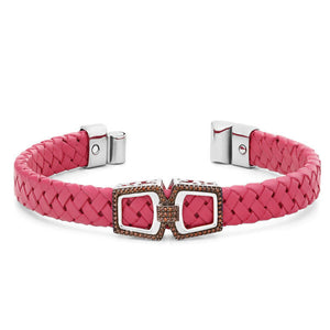 Bracelete Trançado de Couro e Prata 925 com Diamantes Vermelhos