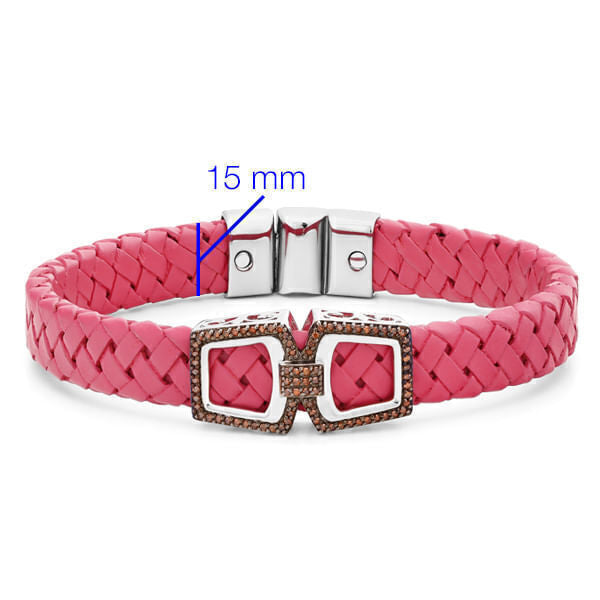 Bracelete Trançado de Couro e Prata 925 com Diamantes Vermelhos
