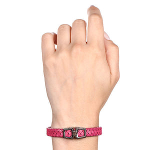 Bracelete Trançado de Couro e Prata 925 com Diamantes Vermelhos