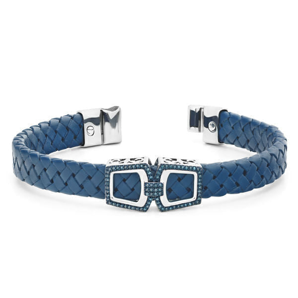 Bracelete em Prata 925 em Couro e Diamantes Azuis