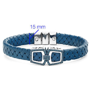 Bracelete em Prata 925 em Couro e Diamantes Azuis