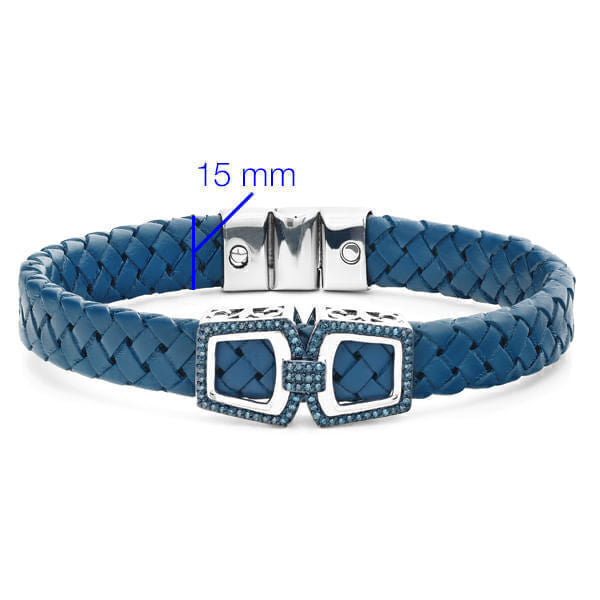 Bracelete em Prata 925 em Couro e Diamantes Azuis