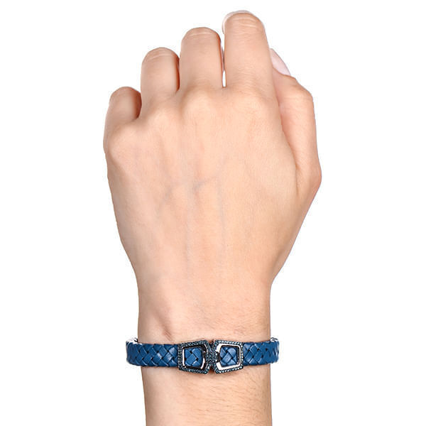 Bracelete em Prata 925 em Couro e Diamantes Azuis