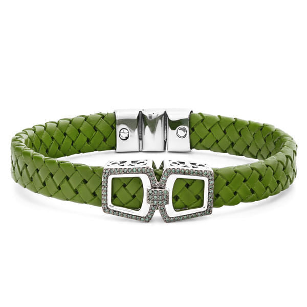 Bracelete em Prata 925 em Couro e Diamantes Verdes