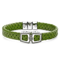 Bracelete em Prata 925 em Couro e Diamantes Verdes