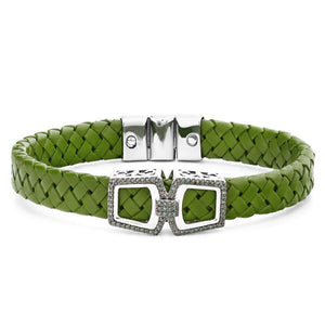 Bracelete em Prata 925 em Couro e Diamantes Verdes