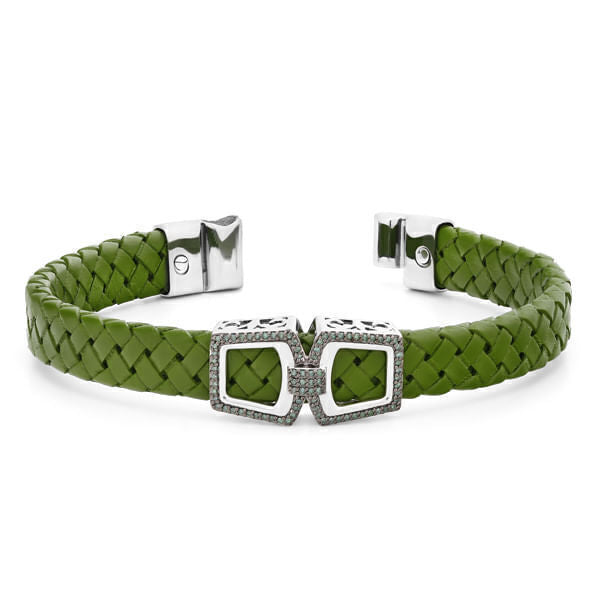 Bracelete em Prata 925 em Couro e Diamantes Verdes
