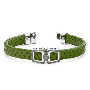 Bracelete em Prata 925 em Couro e Diamantes Verdes